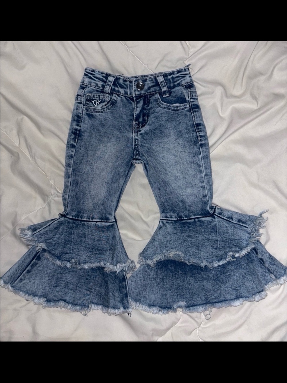Girls' Acid Wash Wide-Leg Ruffle Jeans - Blue